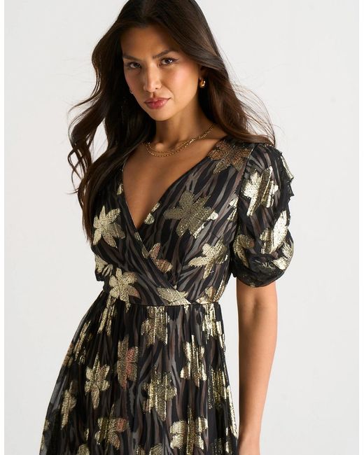 Gini London Black Floral Lurex Wrap Front Dress