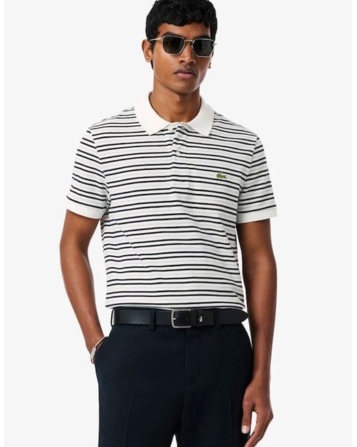Lacoste White Classic Fit Striped Petit Piqué Polo Shirt for men