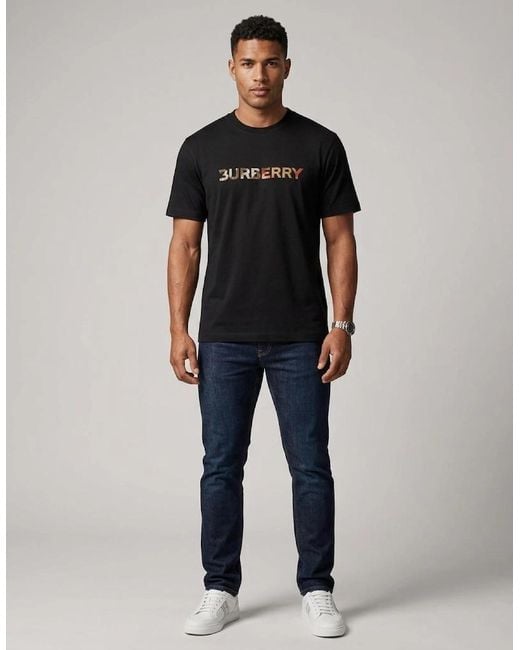 Burberry Black Check Logo Embroidered T Shirt for men
