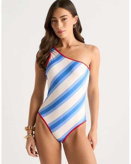 Gini London Blue Cream One-Shoulder Striped Swimsuit