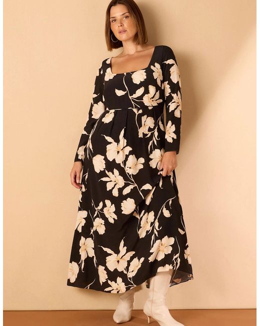 Live Unlimited London Brown Floral Square Neck Midaxi Dress