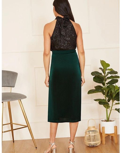 Yumi' Green Velvet Midi Pencil Skirt