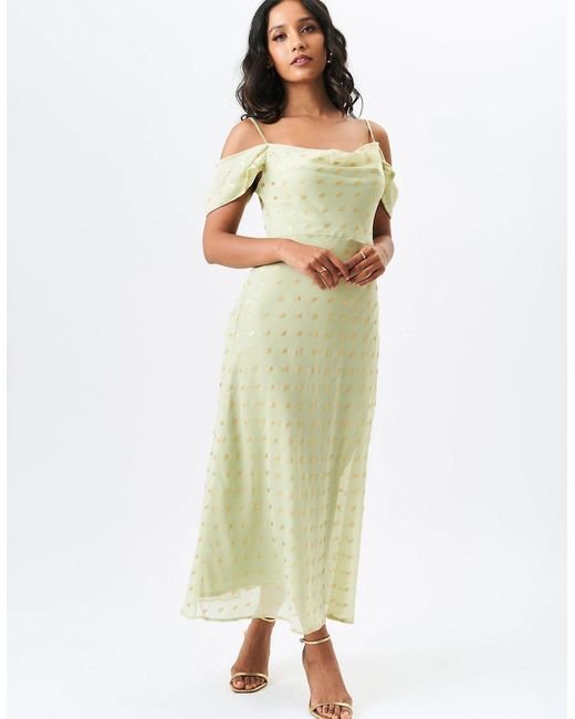 Gini London Green Sage Cowl Neck Drop Sleeves Foil Maxi Dress