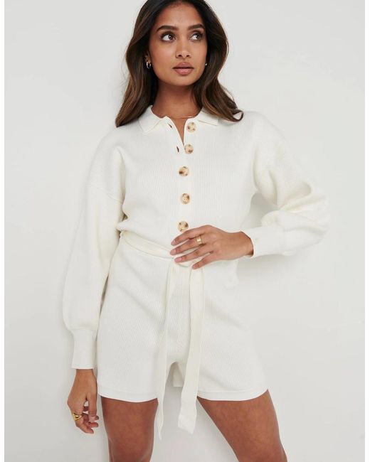 Pretty Lavish White Darcie Balloon Sleeve Knit Playsuit