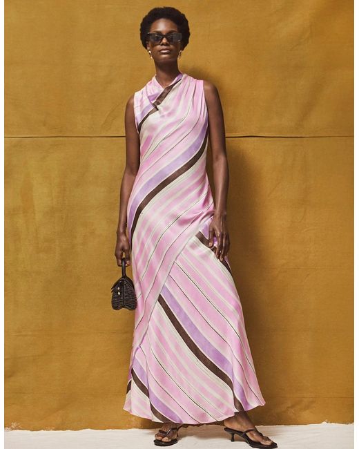 Ro&zo Pink Phoebe Stripe Cowl Neck Satin Dress