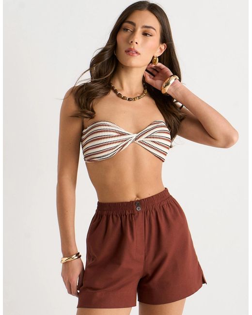 Gini London Brown Chocolate Viscose And Linen Blend Elasticated Waist Shorts