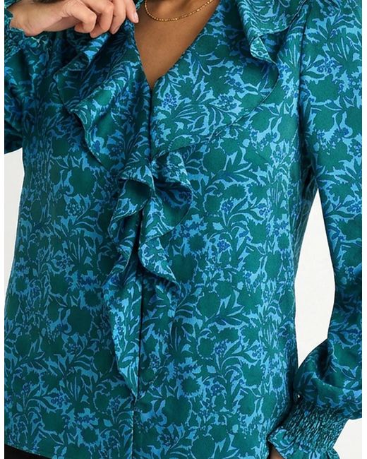 Gini London Blue Floral Print Ruffle Front Blouse