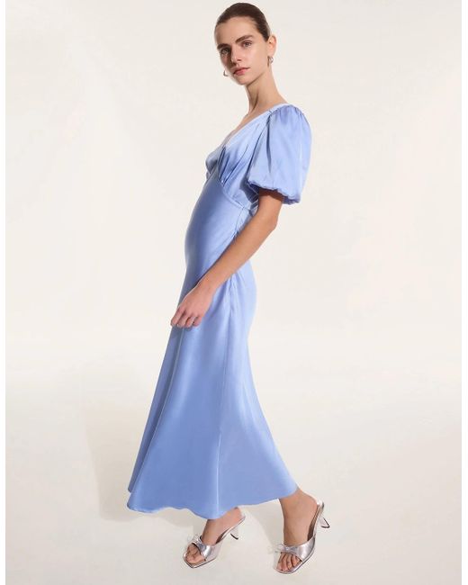 OMNES Blue Rosie Ruched Puff Sleeve Dress