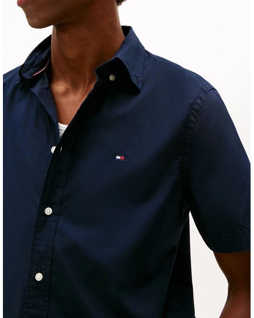 Tommy Hilfiger Blue Core Flex Poplin Solid Short Sleeve Shirt for men
