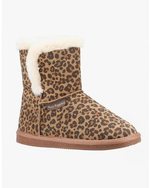 Hush Puppies Brown Ashleigh Suede Boot Slippers Leopard Print
