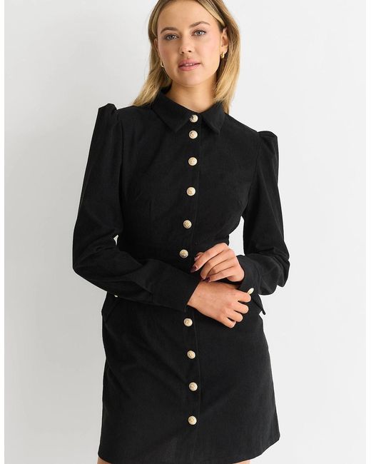 Gini London Black Corduroy Mini Shirt Dress