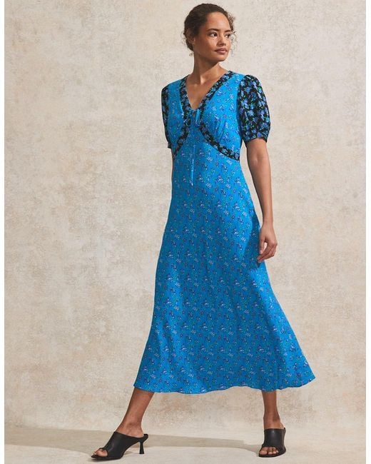 Ro&zo Blue Contrast Ditsy-Print Puff-Sleeve Midi Dress