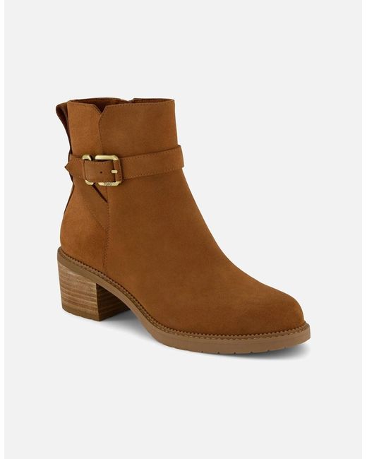 TOMS Brown Hailey Buckle Leather Amber Heeled Ankle Boots