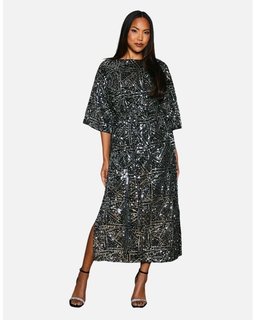 PRINCIPLES Black Ladies Sequin Belted Batwing Midi Dress