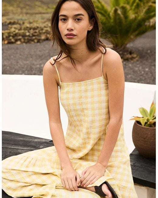 Ro&zo Yellow Petite Lemon- Cheesecloth Check Tiered Dress