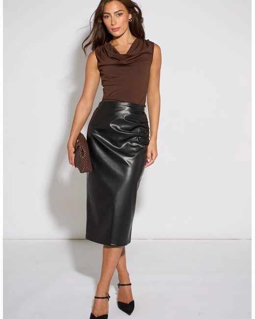 Gini London Black Faux Leather Ruched Side Pencil Skirt