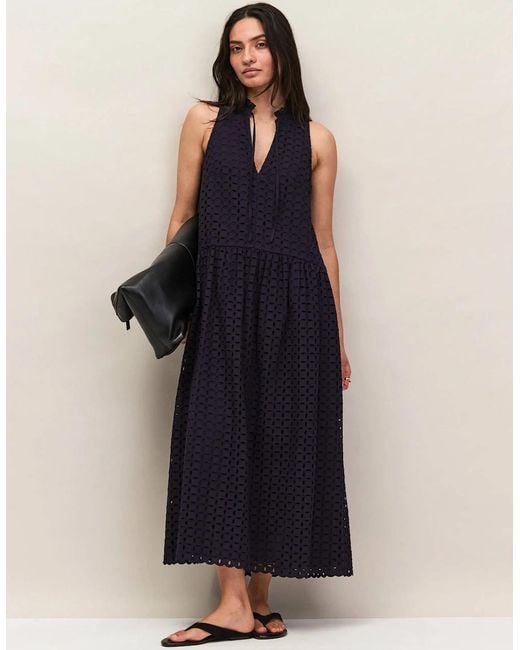 Ro&zo Blue Broderie Anglaise Cotton V-Neck Midi Dress