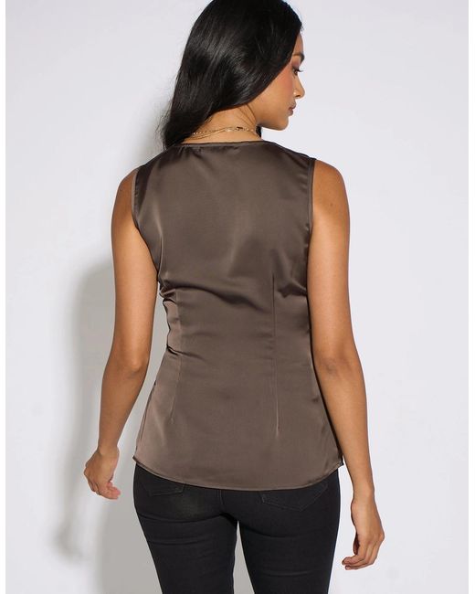 Gini London Brown Satin Sleeveless Waistcoat Top