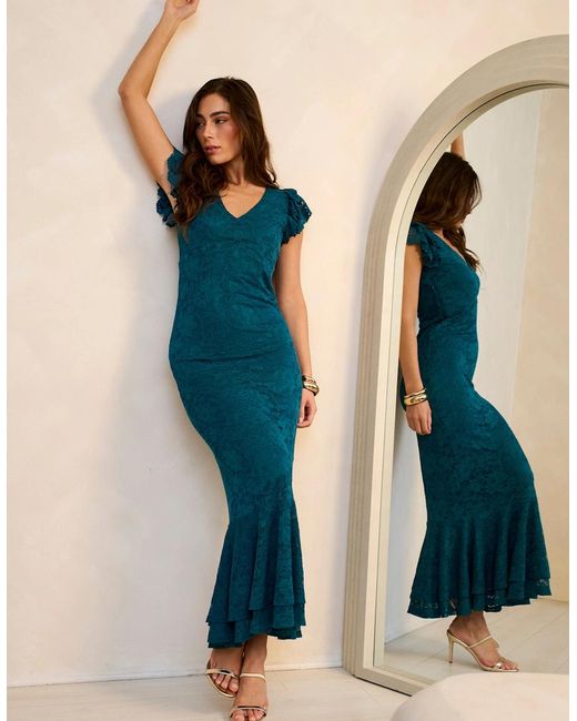 Gini London Blue Jersey Lace V Neck Ruffle Maxi Dress