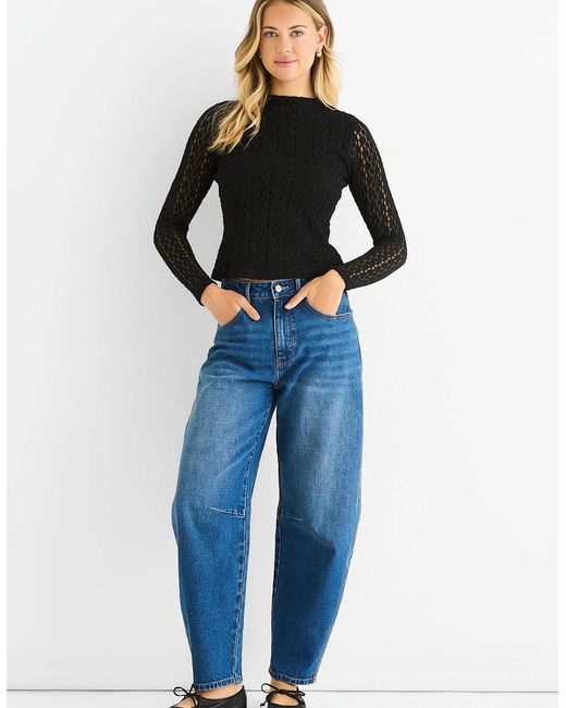 Gini London Blue High Neck Jersey Lace Long Sleeve Top