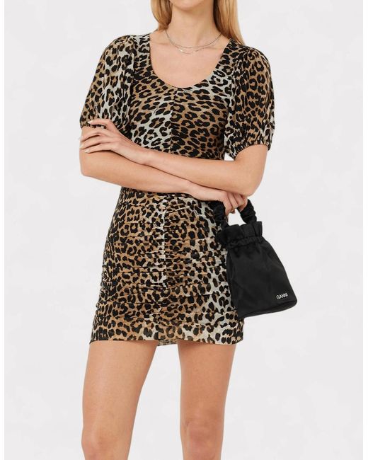 Ganni Black Ruched Mesh Mini Dress Leopard Print