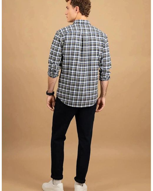 Fynch-Hatton Blue Premium Flannel Check Button Down Shirt Dark Ivy for men