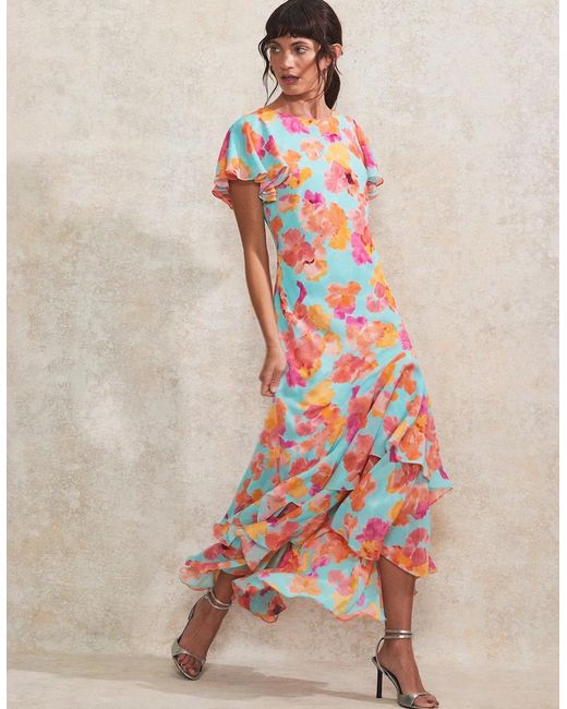 Ro&zo Blue Hazel And Floral-Print Frill-Sleeve Dress