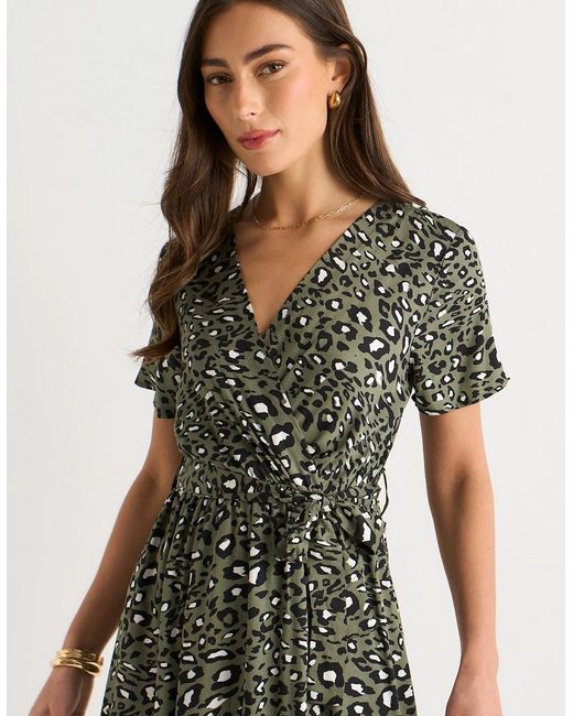 Gini London Green Khaki Viscose Short Sleeve Animal Print Wrap Front Midi Dress