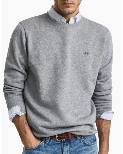 Gant Gray Shield Crew Neck Sweatshirt Pullover French Terry Graphic Embroidered for men