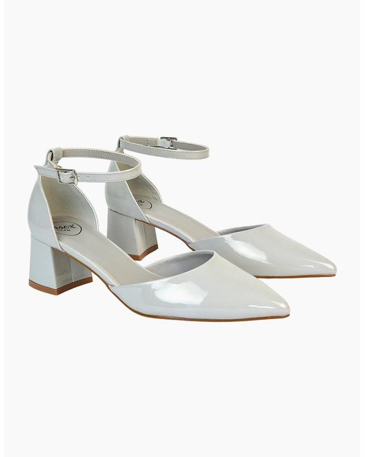 XY London White Ladies Evie Ankle Strap Low Block Heel Court Shoes