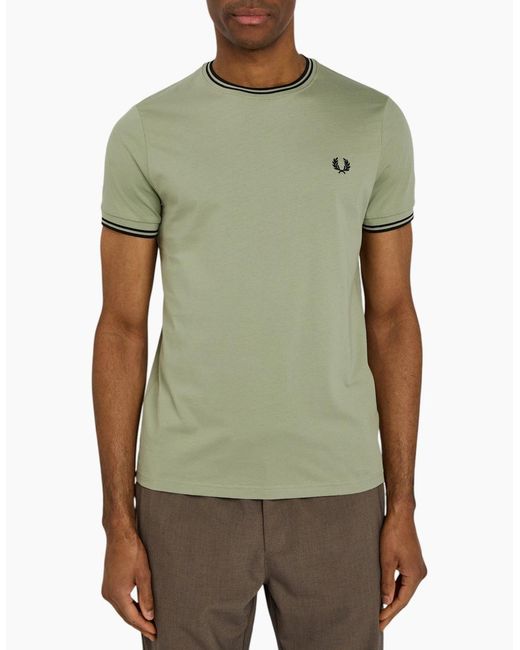 Fred Perry Green Twin Tipped T Shirt Crew Neck Short Sleeve Summer Tee for men