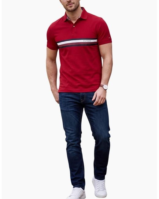 Tommy Hilfiger Red Polo Shirts Flag Logo Short Sleeve Cotton Casual New Tee for men