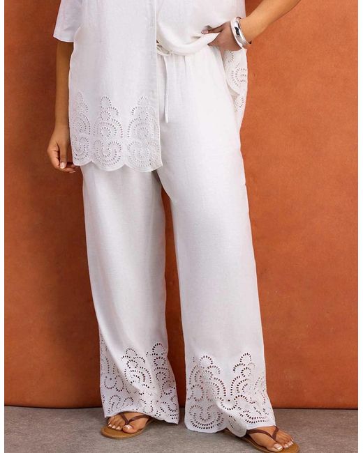 Live Unlimited London White Linen Blend Broderie Trouser