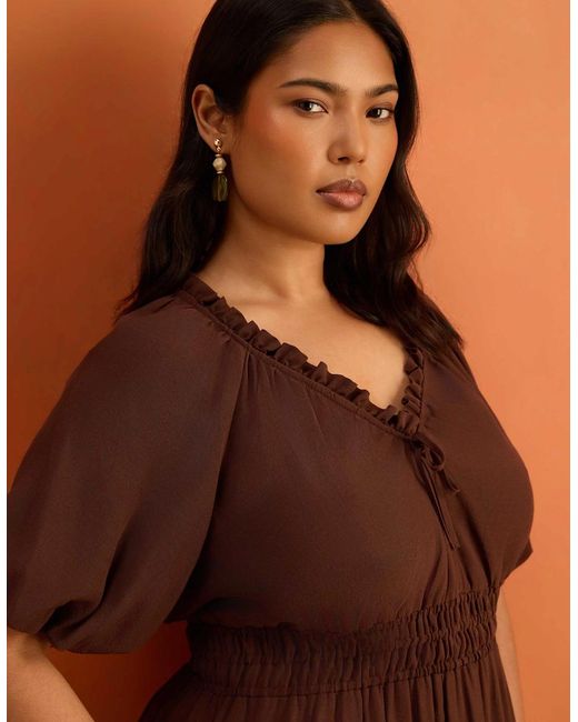 Live Unlimited London Brown Puff Sleeve Elasticated Waist Dress
