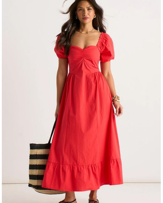 Gini London Red Gypsy Puff Sleeves Cotton Midaxi Dress