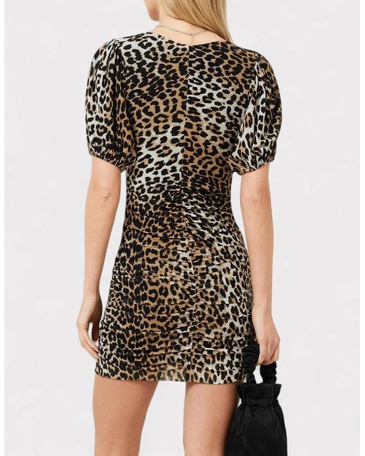 Ganni Black Ruched Mesh Mini Dress Leopard Print