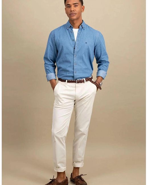 Fynch-Hatton Blue Button Down Denim Shirt Crystal for men