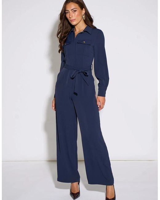Gini London Blue Long Sleeves Side Strip Detail Jumpsuit