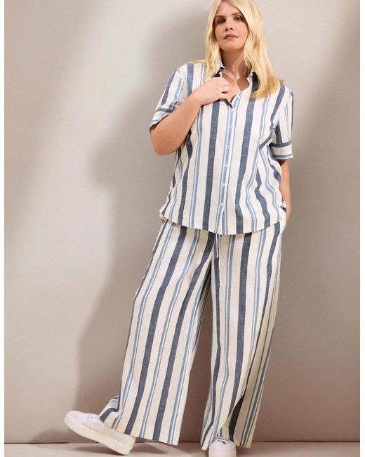 Live Unlimited London Blue Striped Linen Blend Wide Leg Drawstring Trousers
