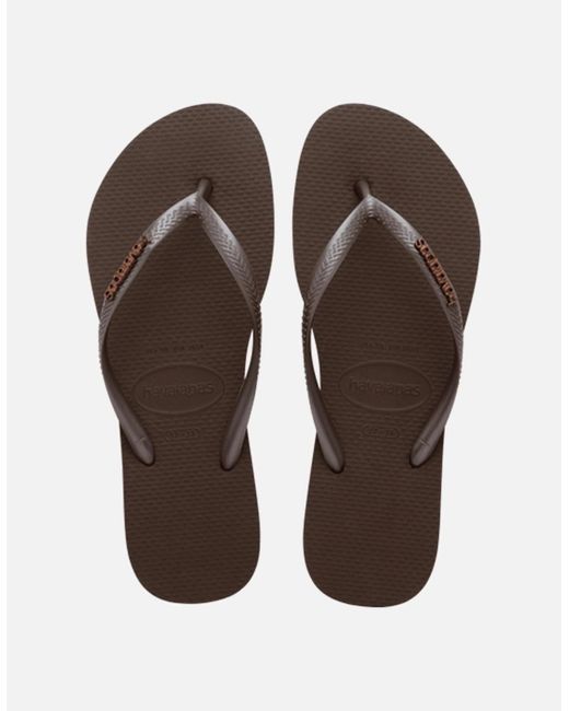 Havaianas Brown Slim Metallic Logo Flip Flops
