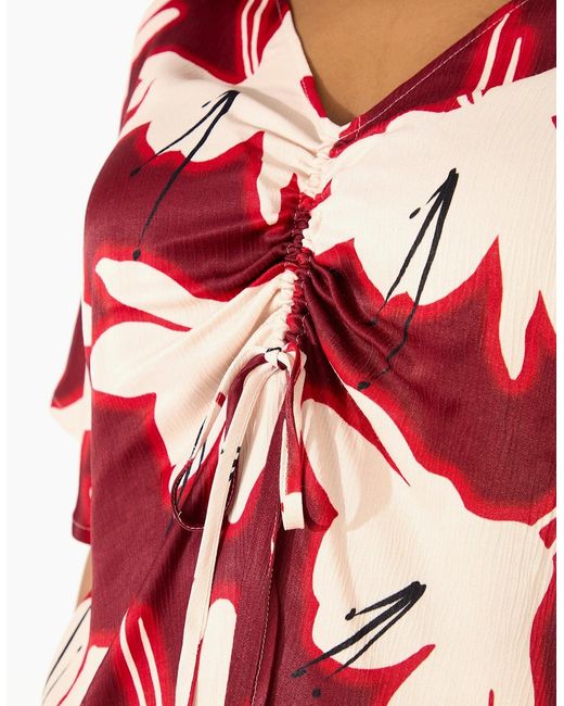 Live Unlimited London Red Floral Print Ruched Front Blouse