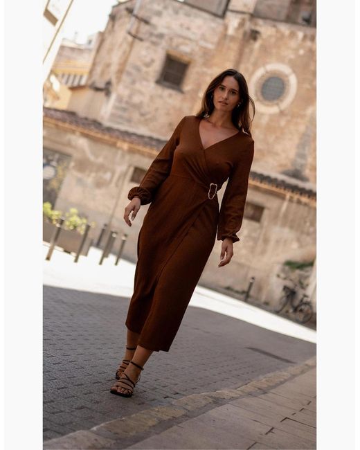 Gini London Brown Jersey Texture Wrap Metal Trim Midi Dress