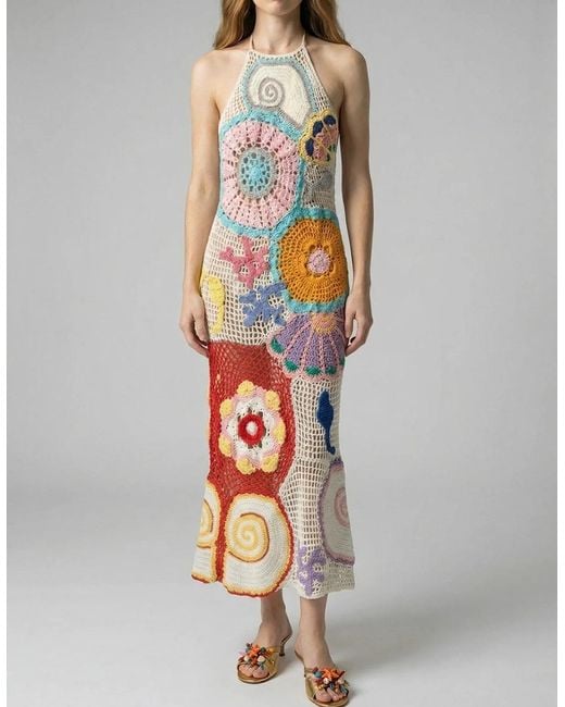 Oceanus White Kaia Crochet Coral Multi Maxi Dress