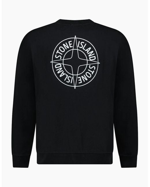 Stone Island Black Compass Print Cotton Fleece Crewneck Sweatshirt for men