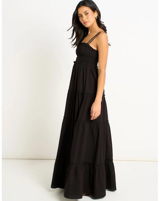 Gini London Black Cotton Shirred Strappy Flare Maxi Dress