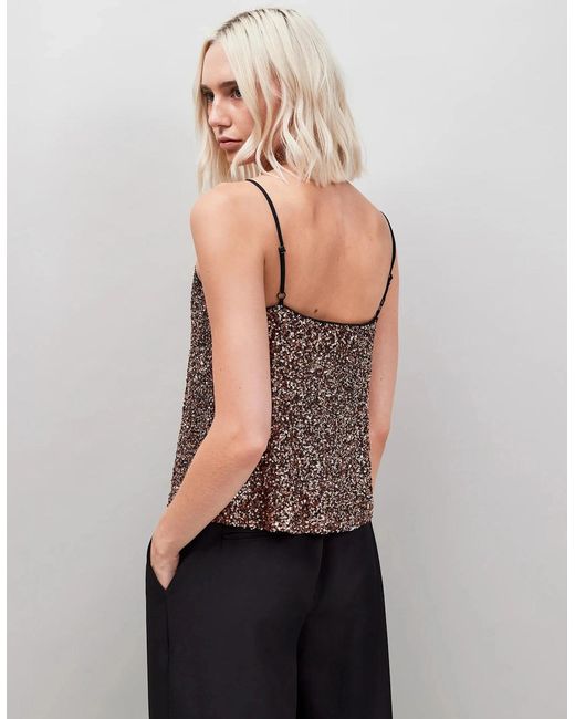 Ro&zo Brown Ruffle Neckline Sequin Cami Top