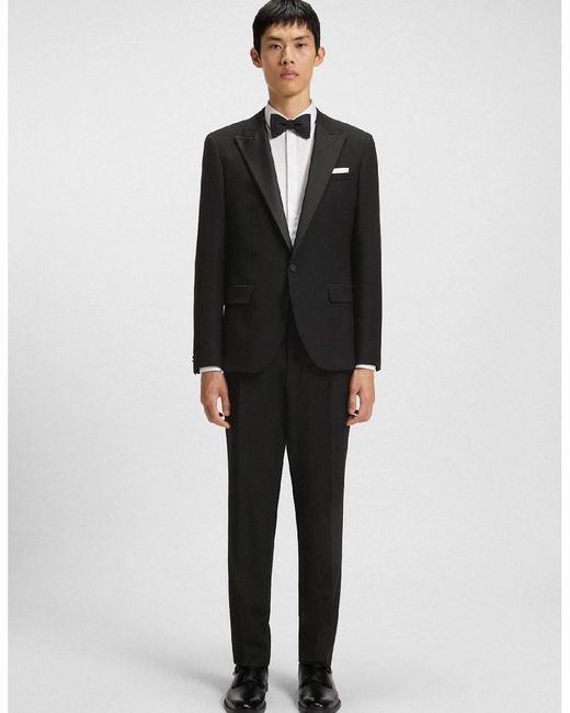 Boss Black Solid Patterned Lapel Collared Suit Jacket With Chest Pocket for men