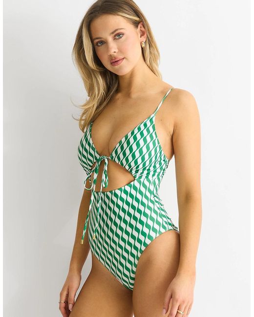 Gini London Blue Wave Print Tie Front Swimsuit