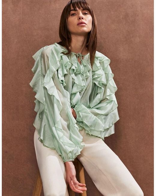 Ro&zo Green Ruffle-Detail Boho Blouse