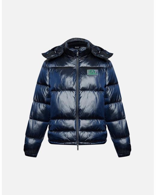 EA7 Blue Shiny Reflective Logo Puffer Jacket for men